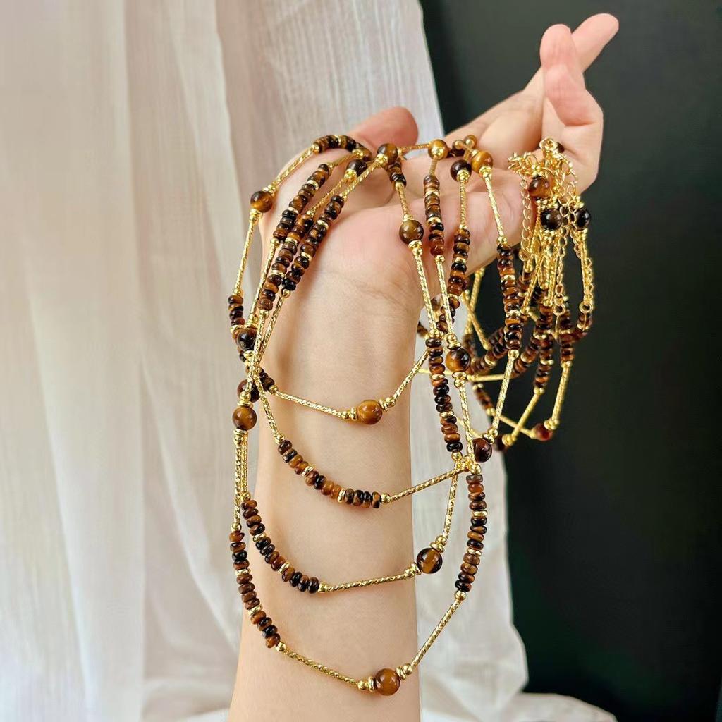 Vintage Boutique Natural Tiger'S Eye Stone Maillard Style Sweater Chain Necklace A Variety Of Ways To Wear Collarbone Chain