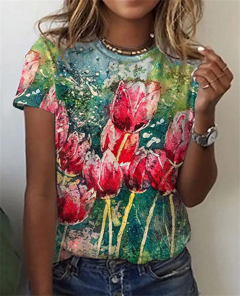 Summer Floral Flowers 3D Print T-Shirts Fashion Women's Round Neck Short Sleeve T Shirt Tees Harajuku Y2K Tops Female Clothing