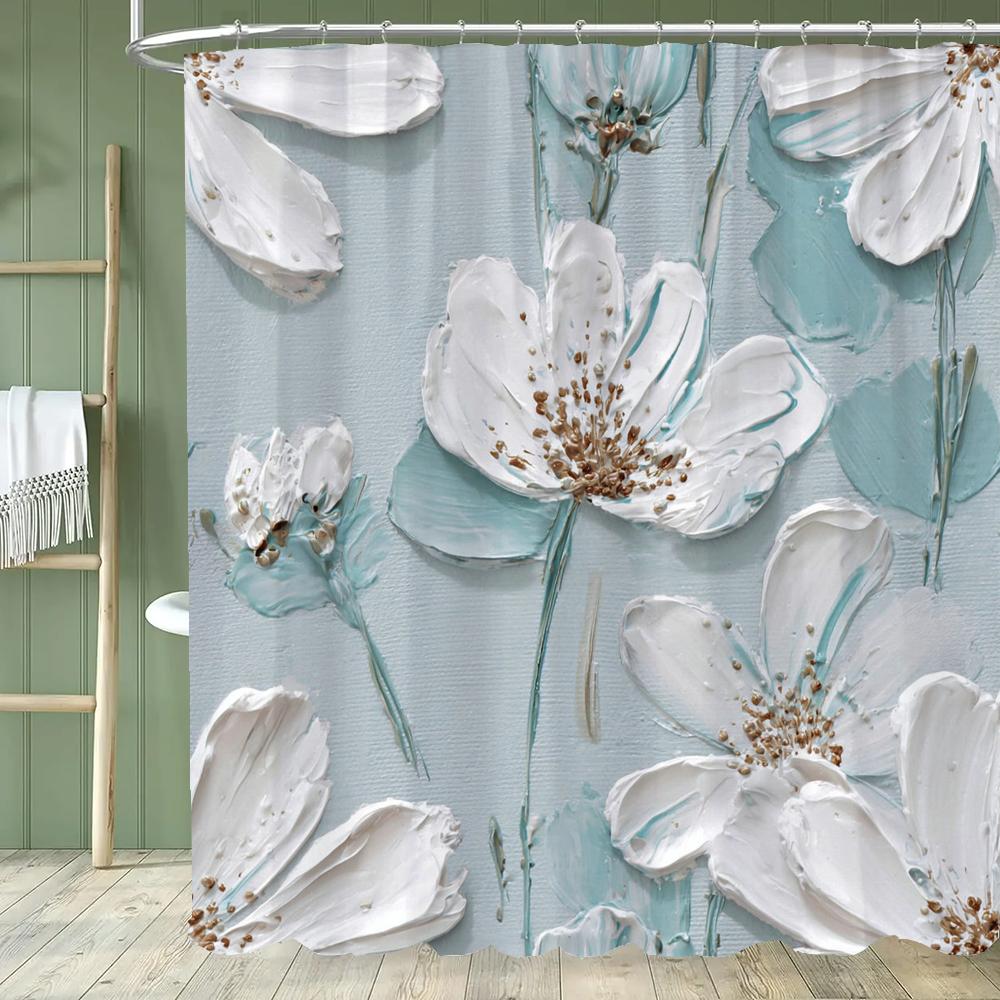 1Pc Beautiful White Floral Shower Curtain,Polyester Fabric Washable Flowers Bathroom Curtains,Home Decoration Curtain With Hooks