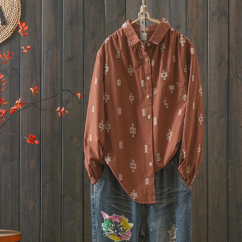 

Retro Artistic Spring 2026 Long Sleeve Cotton Linen Base Layer Shirt XXL кавовий