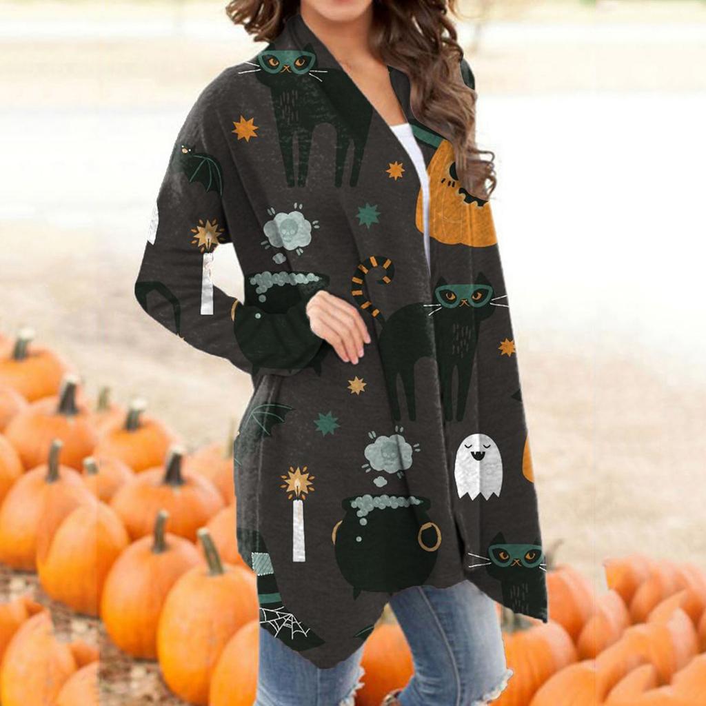 Women's Casual Fashion Halloween Printed Long Sleeve Buttonless Cardigan Jacket