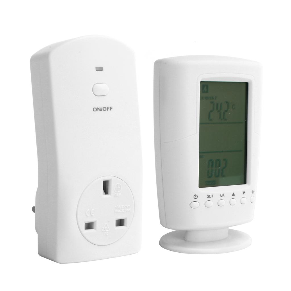 LCD Temperature Controller with Backlight Wireless Remote Programmable Thermostat SocketUK 250V 13A