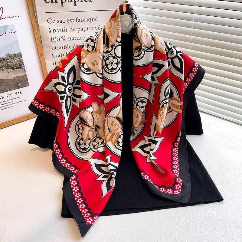 90*90cm Silk Scarf Scarftop Headwraps For Woman Fashion Four Seasons Hair Accessories Hijab Foulard Bandana Femme Headscarf90*90