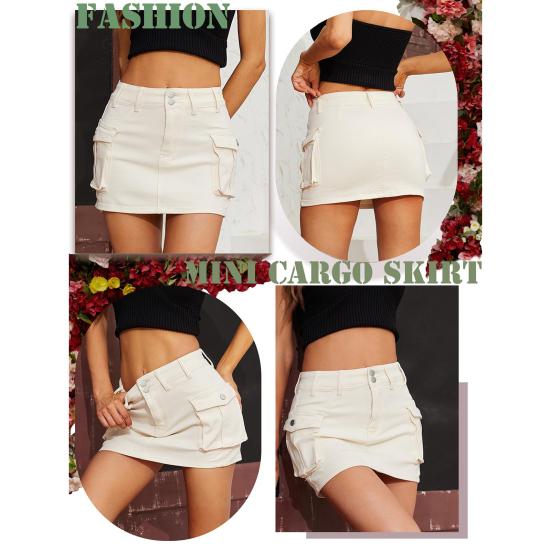 Women Mini Denim Skirt Low Waist Cargo Skirt with Pocket Solid Color Button Zipper Fly Short Skirt Streetwear