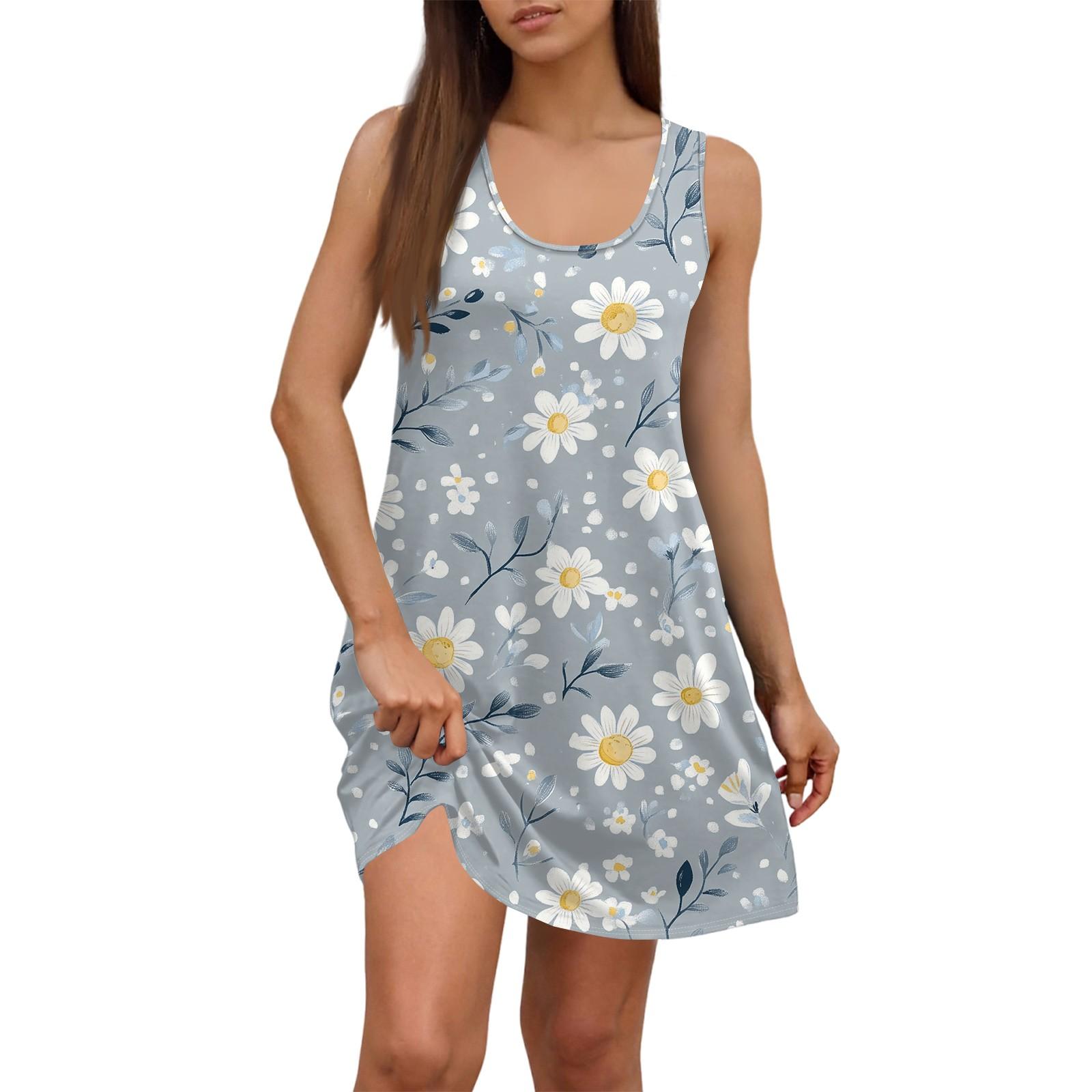 

Women s Summer Casual Square Neck Floral Print Dress Sleeveless Dress With Pockets XL білий