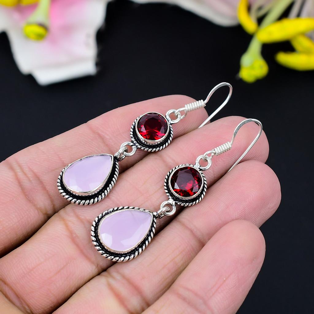 Pink Chalcedony, Garnet Gemstone Handmade 925 Sterling Silver Earring 2.56" KG-417