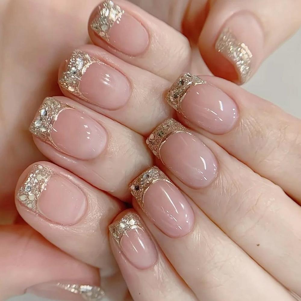 24PCS Simple French False Nails Glossy Pink Gradient Short Square Press On Nails Full Cover Acrylic Wearable False Nail Finished