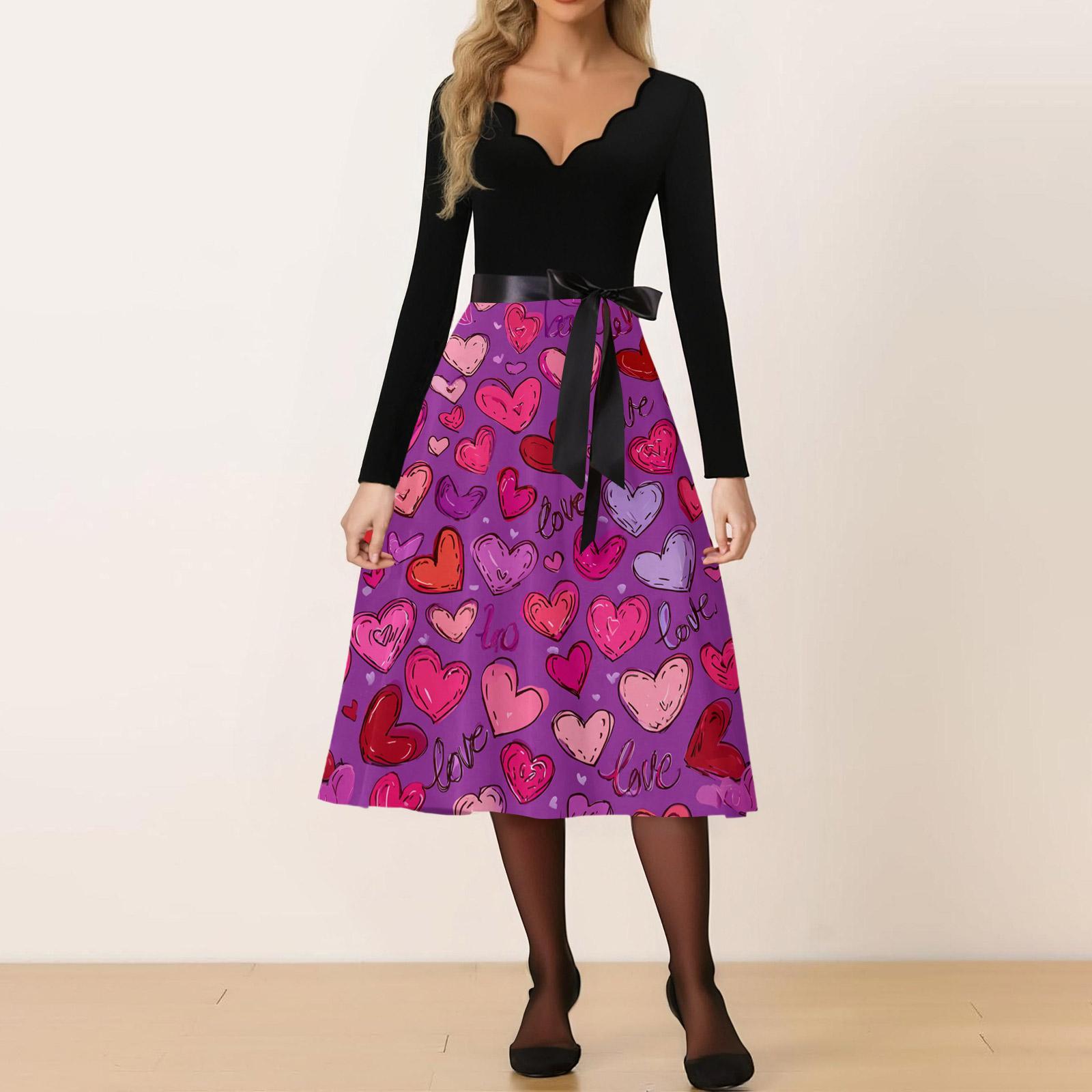 

Women s Casual Fashion V-neck Valentine s Day Print Retro Dress XL фіолетовий