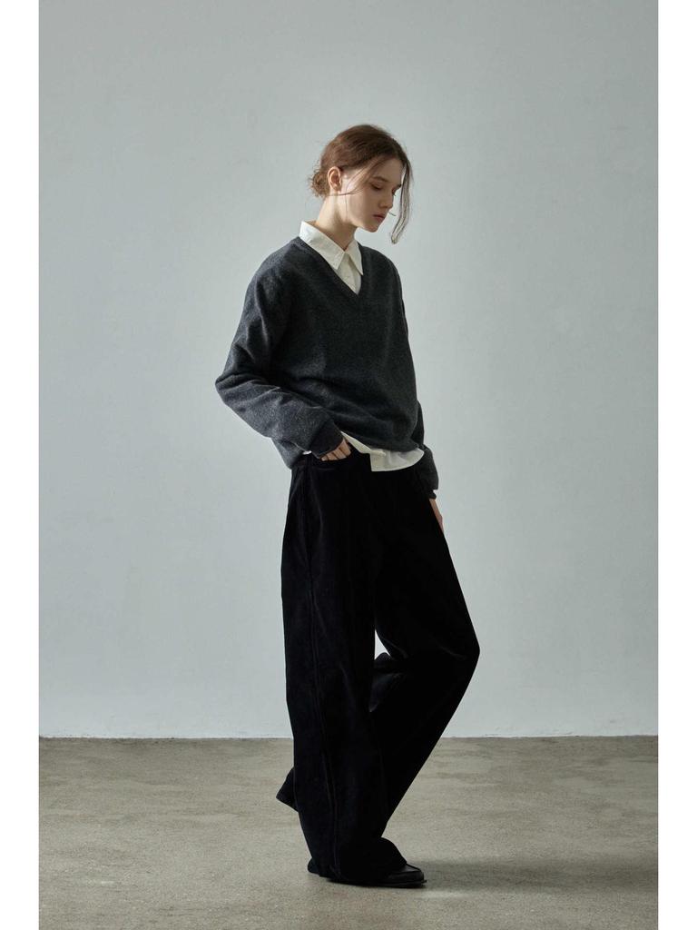 In-Stock: Women's V-Neck Wool Sweater - Fall/Winter Design, Simple Loose Fit, Slimming Knit Top