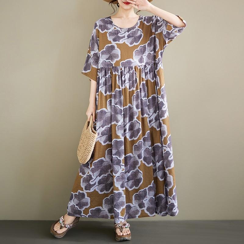 Short Sleeve Plus Size Cotton Vintage Floral New In Dresses for Women Casual Loose Long Summer Dress
