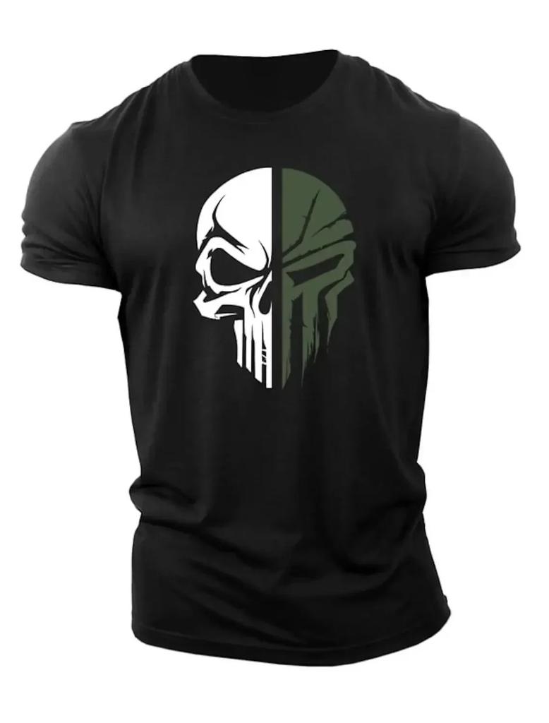 Summer Men's 100% Pure Cotton Skull Print Round Neck T-shirt Plus Size Fitness Sports Outdoor Adult Short Sleeved Shirt