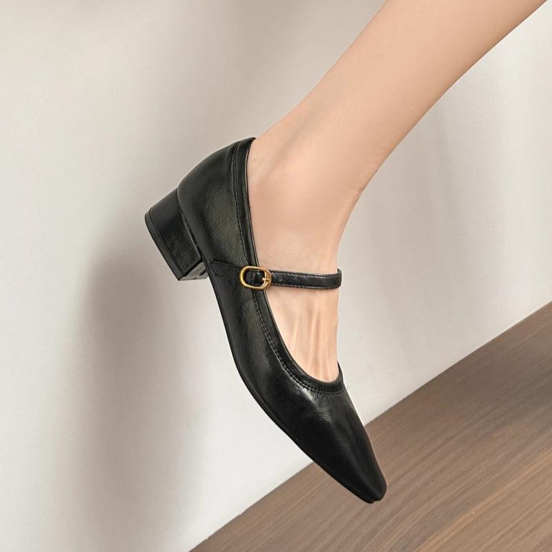 Soft leather version~ retro one-word buckle with square head soft sole 2025 spring new thick heel single shoes Mary Jane women's shoes