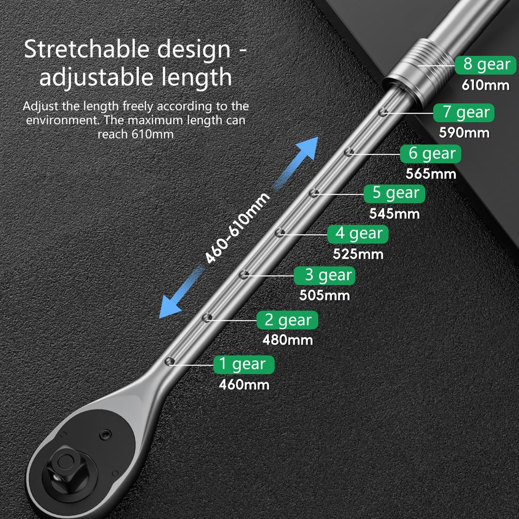Long Handle Ratchet Wrench 72 Teeth Mechanism Construction 8 Stage Length Adjustment Nonslip Rubber Handle For Mechanics