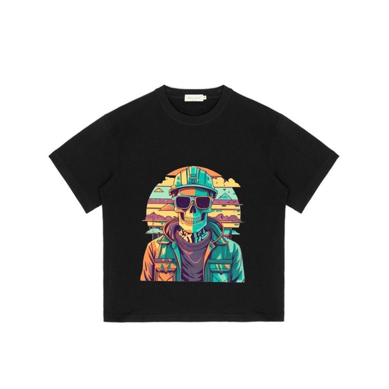 Black T Shirt with Colorful Skull Worker Graphic Print for Casual Wear
