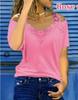 American Style European Women's Casual Loose V Neck Short Sleeve T Shirt with Lace Splice
