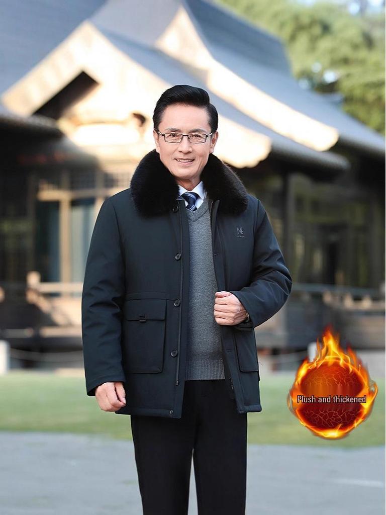 Men's Cotton Coat with Detachable Liner - Thickened Plus Velvet, Large Size Winter Jacket for Middle-Aged and Elderly.