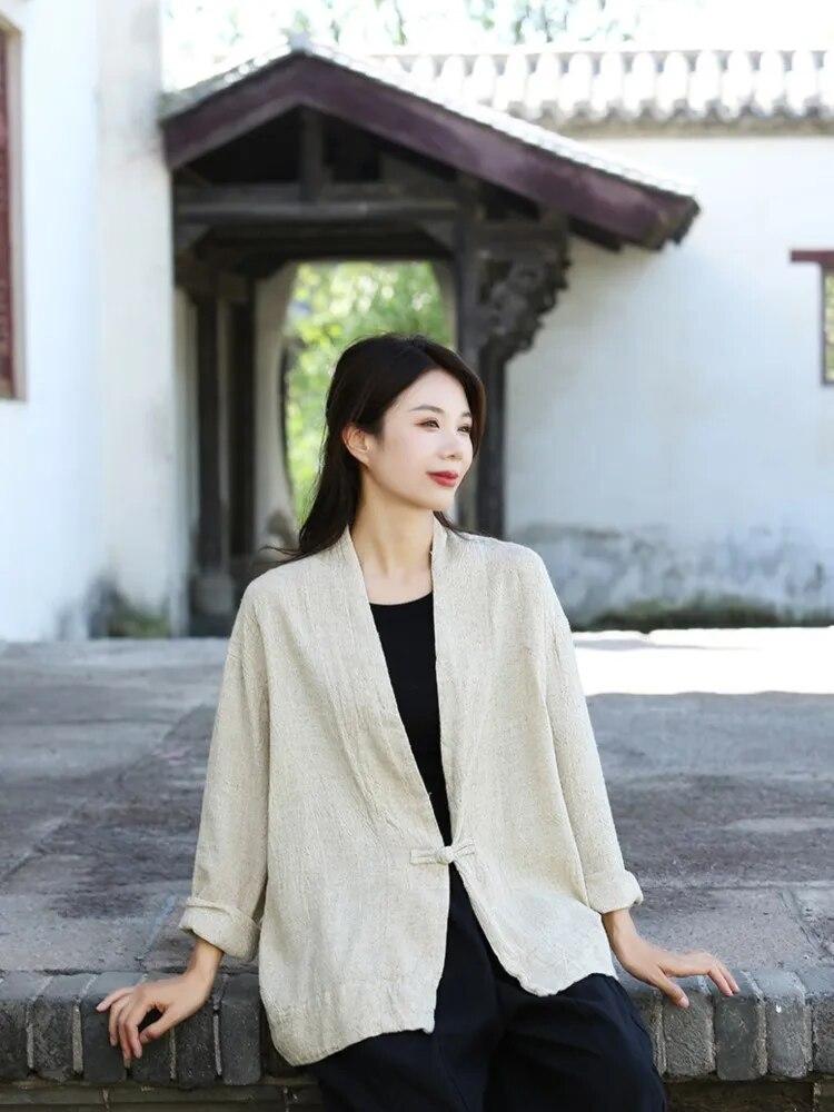 Johnature Camicia da donna autunnale vintage con cuciture tinta unita, scollo a V, in lino, maniche lunghe larghe