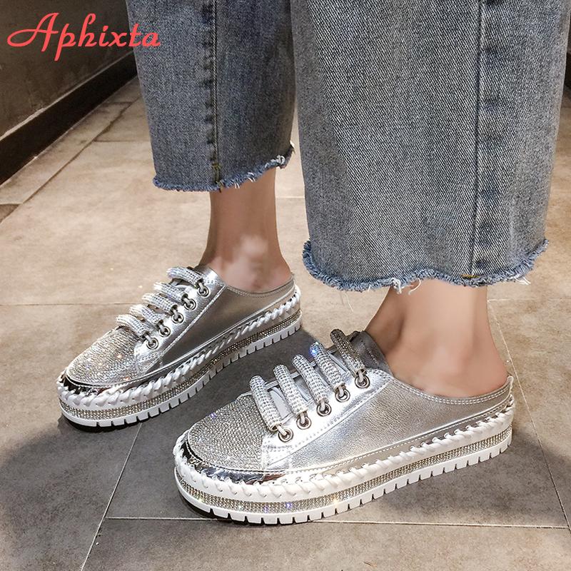 Aphixta ;uxury New Flat Platform Half Slippers Women Summer Couple Bling Mules Crystals Lace-up Shoes Slides Plus Size 42 43
