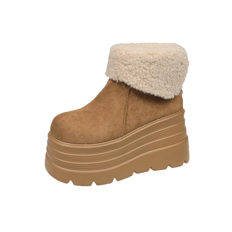 

10СМ Женские Меховые Зимние Сапоги Замшевые На Высоком Каблуке Хлопковая Обувь Короткий Плюш Повседневные Сапоги на Платформе до Щиколотки Тренд 2025 Зимние Теплые Боты 39 коричневый