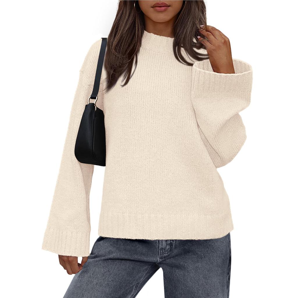 Womens Loose Round Neck Solid Color Bell Sleeve Long Sleeve Knitted Sweater Top