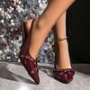 Fashion Fashionable Pointed Toe Shallow Mouth New High-heeled Shoes Summer Elegant Buckle Decorated Stiletto Wine Red Women's Shoes