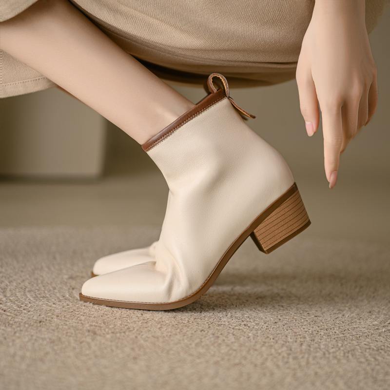 Krazing Pot Full Grain Leather Autumn Winter Shoes Med Heels Chelsea Boots Round Toe Keep Warm Zipper Mixed Color Ankle Boots