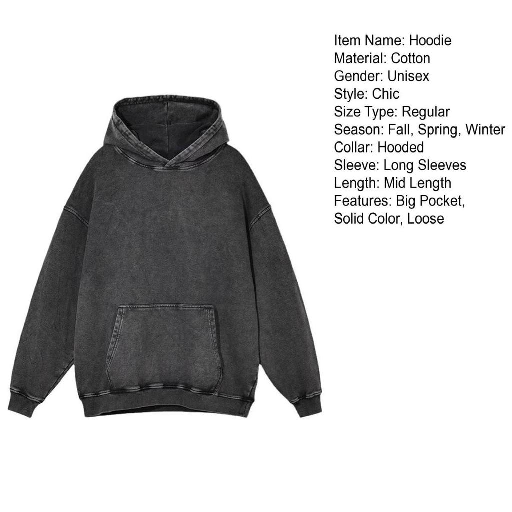Felpa con cappuccio unisex autunno primavera con grande tasca, ampia, lavata, polsini e orlo elastici, spalle inclinate, colore puro, ampia, sportiva