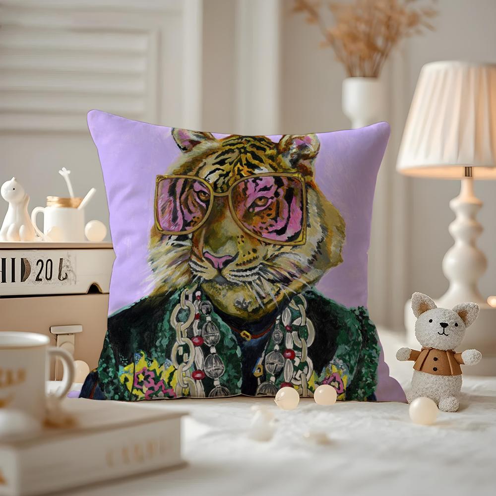 Rich Pink Lion Animal Jewelry Cheetah With Cushion Cover Anti-dustmite Pillowcase Invisible Zipper Silky Short Plush Sofa Cushio