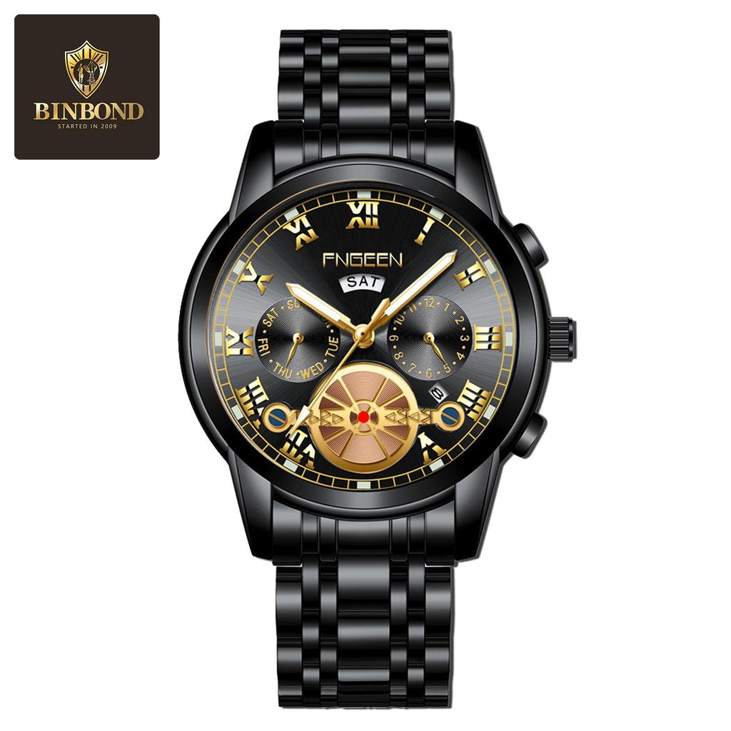 Orologio da uomo FenZun con Tourbillon Volante Nero e Cinturino in Acciaio con Diamanti Neri