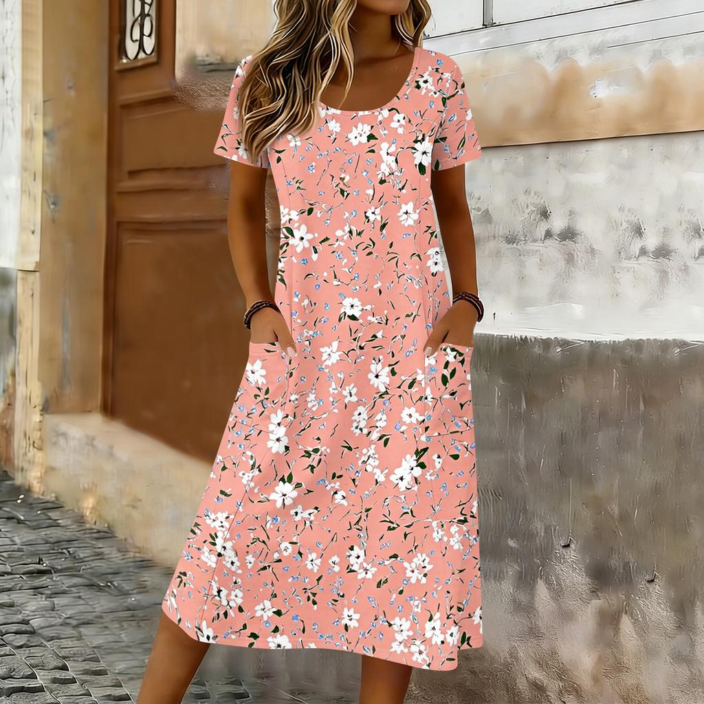 Women's Casual Loose Round-neck Short-sleeved Pocketed Mid-length Dress