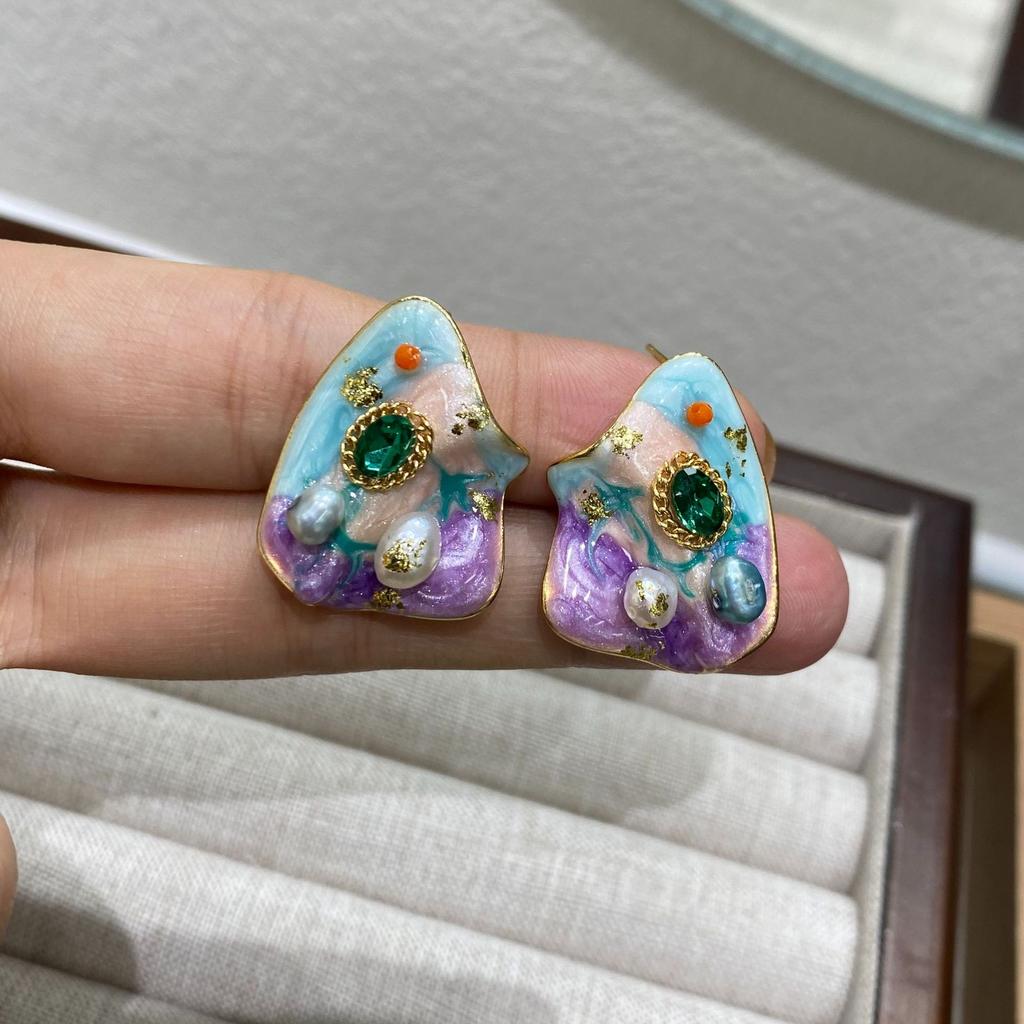 Freshwater Dripping Oil Flower Fritillary Stud Earrings French Fashion Light Luxury Temperament Earrings Light Luxury High Sense Oil Painting Earrings