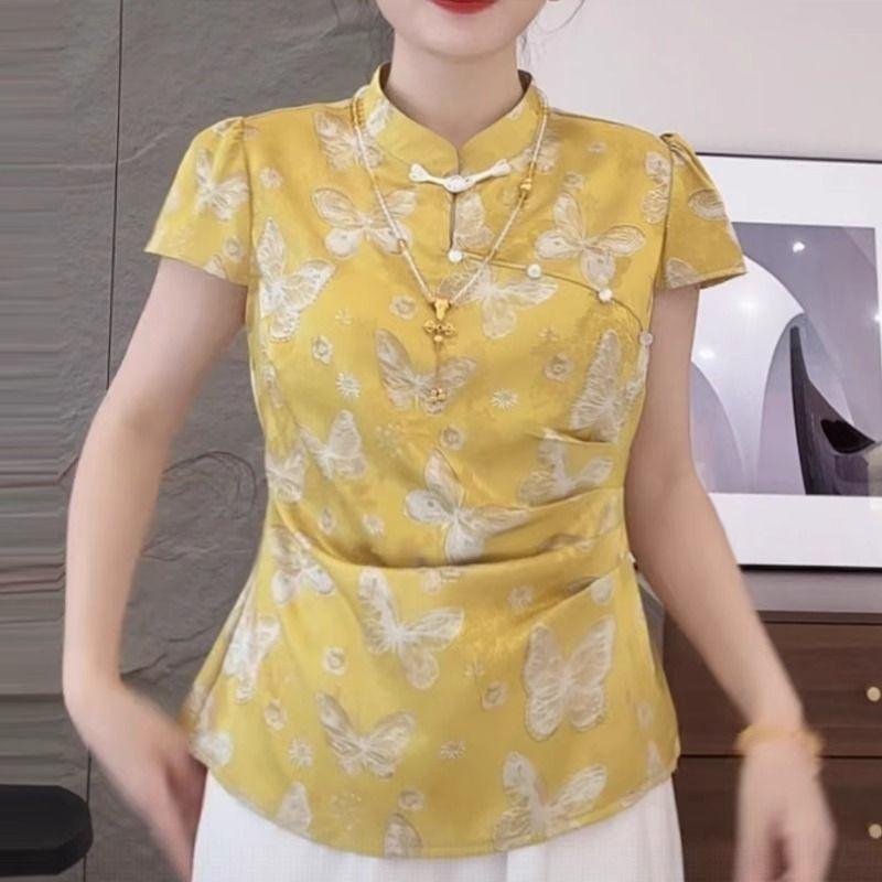 

2025 summer summer temperament women s shirt with pleated short-sleeved shirt women s M (under 50kg recommended) жёлтый