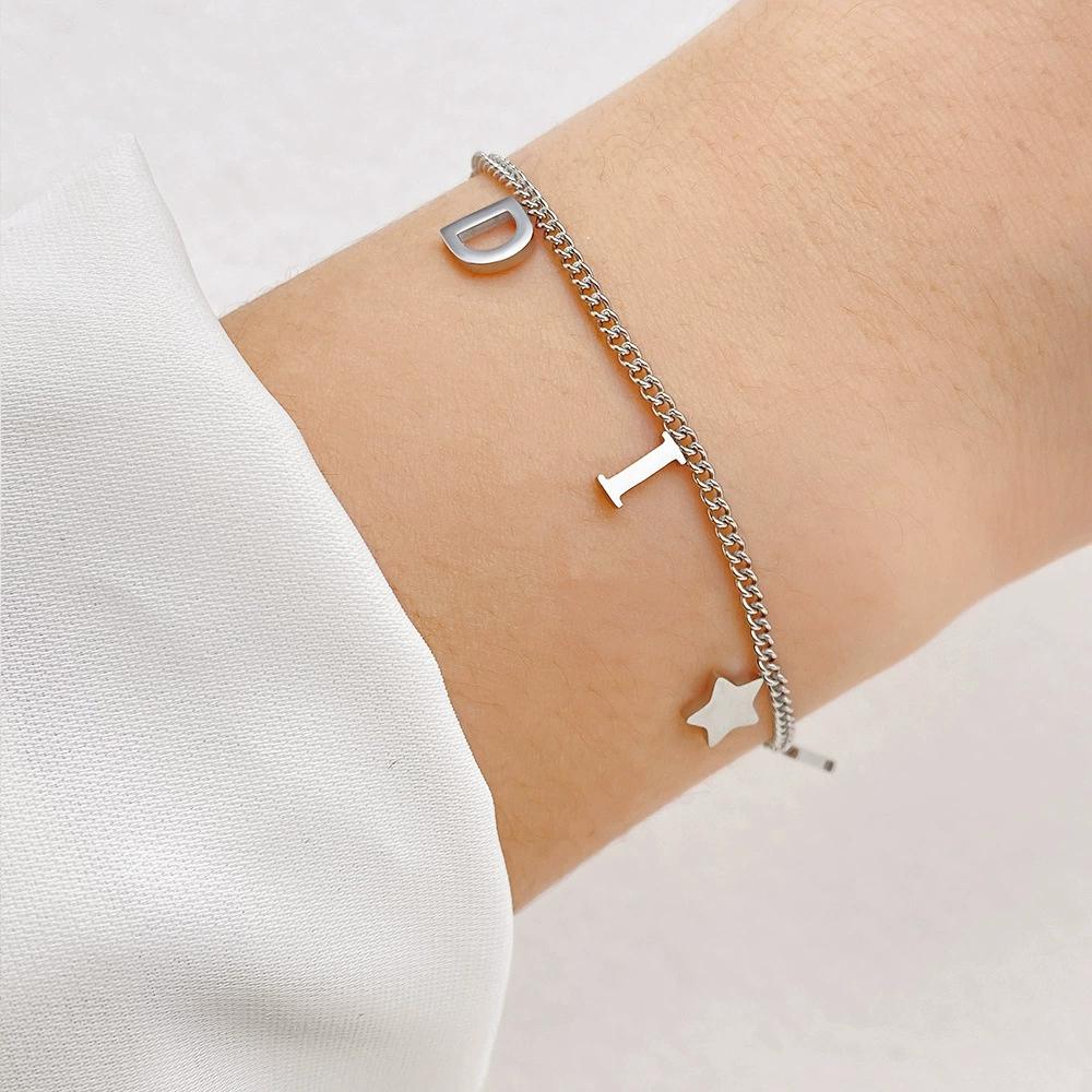 Htpwe Korea New Fashion Letter Star Pendant Bracelet Woman Vintage Stainless Steel Bracelet Luxury Zircon Accessories Gifts