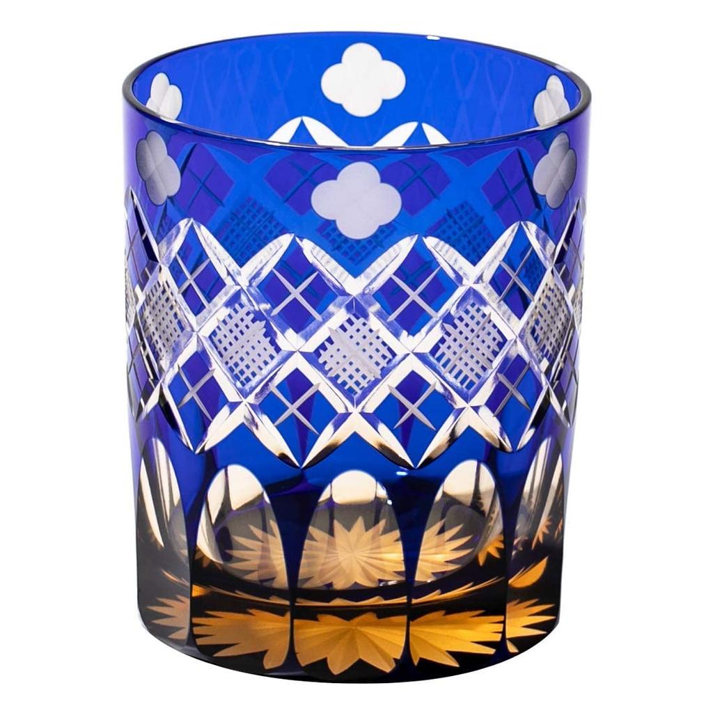 Kobo Edo Kiriko Yotsuba with Yarai Fish Crest Old Glass TB94429AB Wooden Box Made In Japan [Taimuro Official] (Amber Ruri)