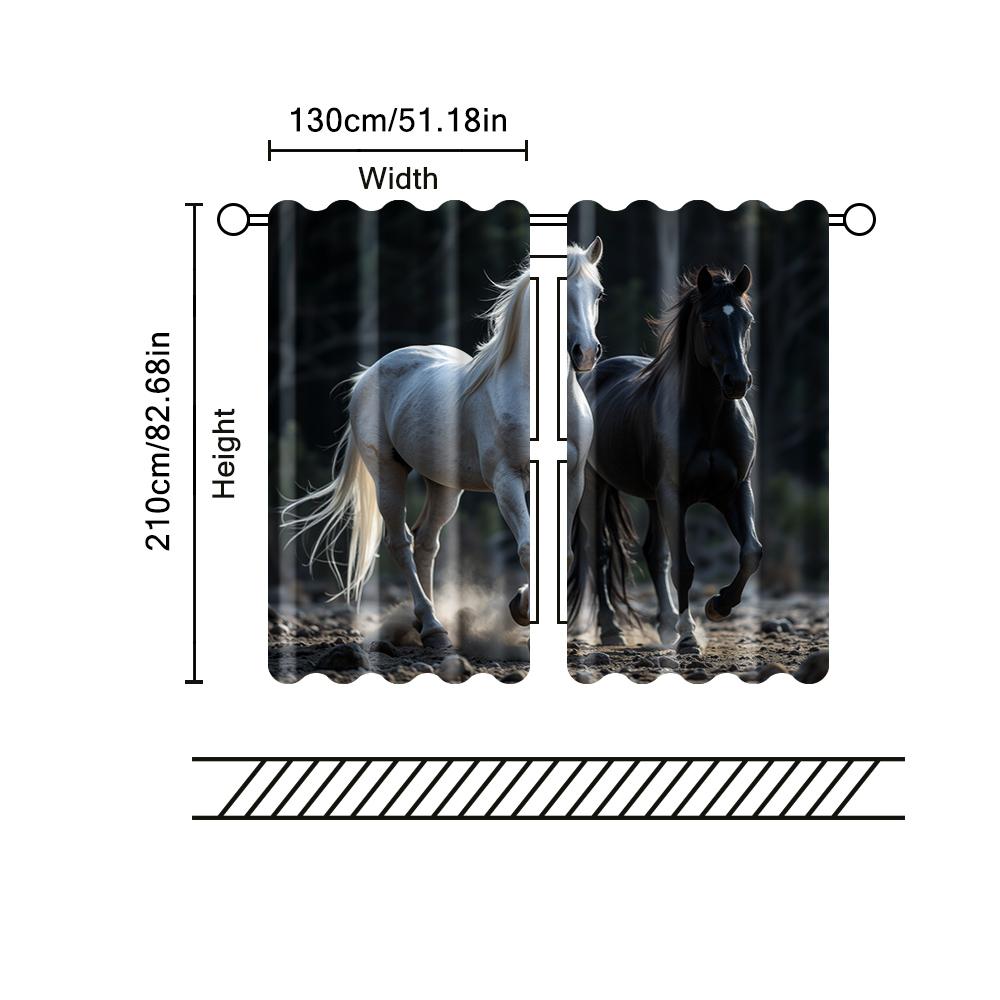 2 Pcs   Filtering Curtains (excluding Rods   Non-movable   Without Batteries) Elegant Black and White Horse for Use In Bedrooms and