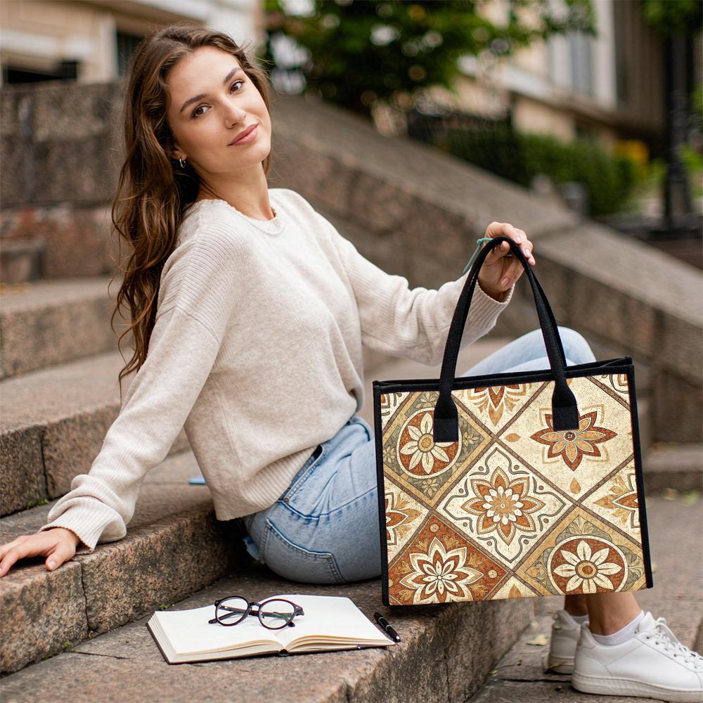 Vintage Floral Pattern Tote Bag Large Capacity Casual Portable Daily Use Shoulder Bag for Shopping Work Travel