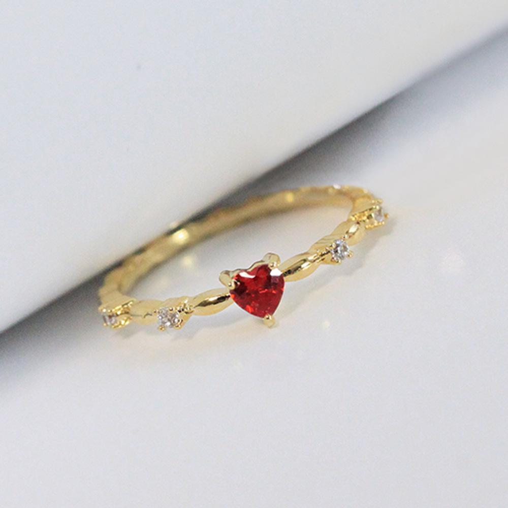 Cao Shi Elegant Fairy-Style Women's Red Zircon Heart Ring