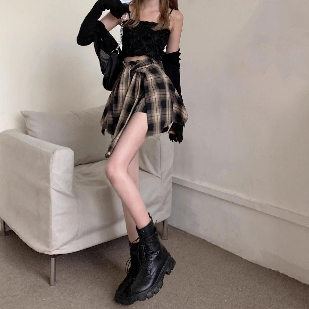 Women's Summer Retro High-Waist Irregular Plaid Midi Skirt with Faux Two-Piece Shorts