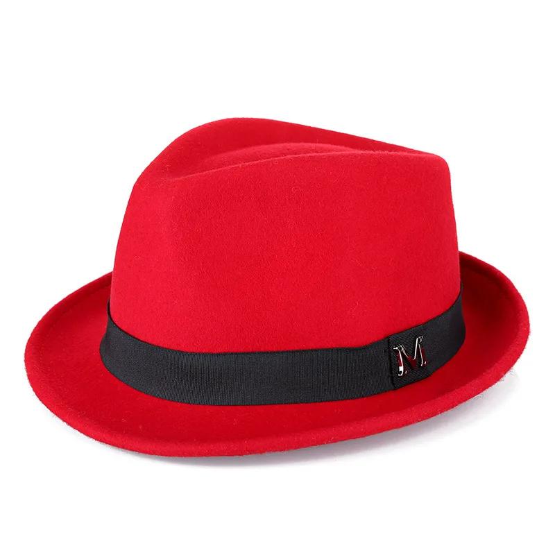 Classic Wool Fedora for Men, Small Brim Jazz Style Winter Hat, British Fashion Cap for Daily & Business M 56-58cm красный