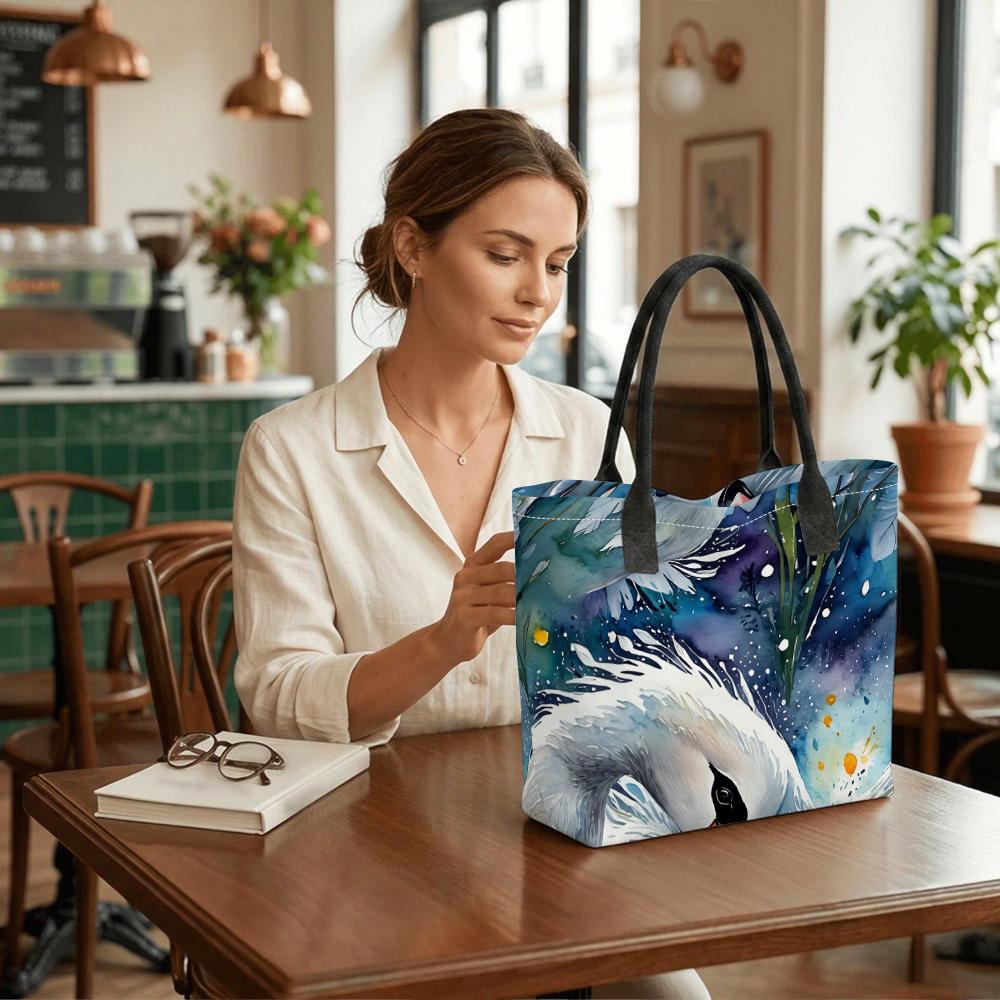 Watercolor Swan Print Tote Bag Casual Large Capacity Portable Daily Shoulder Handbag