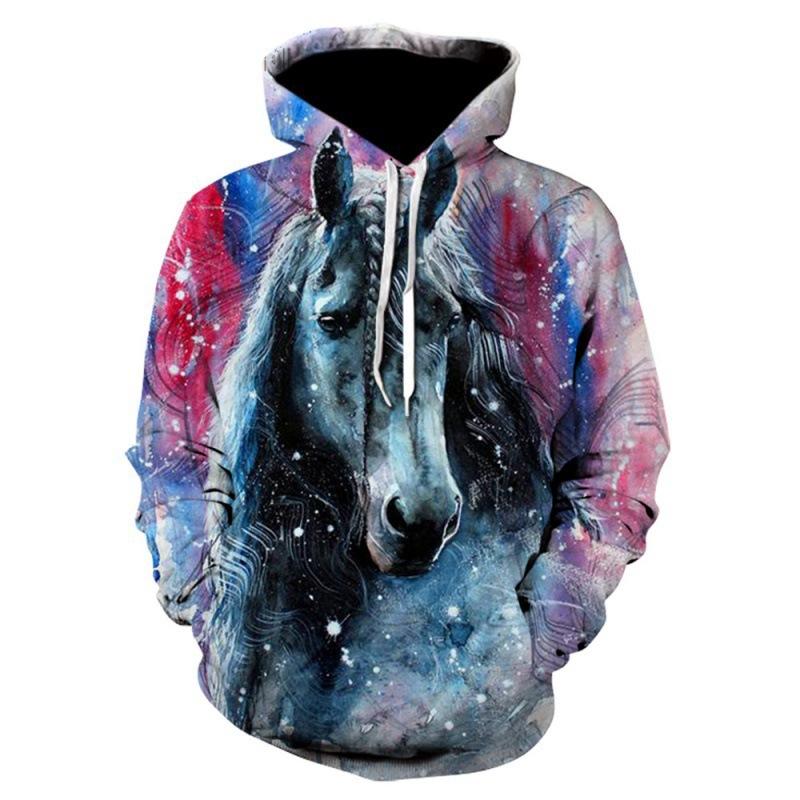 Hayvan At 3D Baskılı Kapüşonlu Sweatshirt Erkek Kadın Moda Sokak Giyimi Oversize Kapüşonlular Kazaklar Kapüşonlu Sweatshirtler Erkek Üstler Erkek Giyim