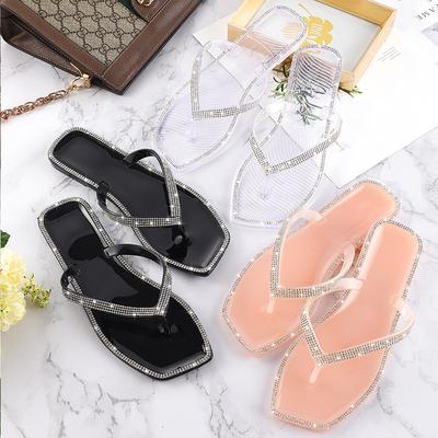 Sommer neue coole Flip-Flops Damen neue geleeartige quadratische Zehensandalen Strass flache Sohle Zehenstegsandalen für draußen