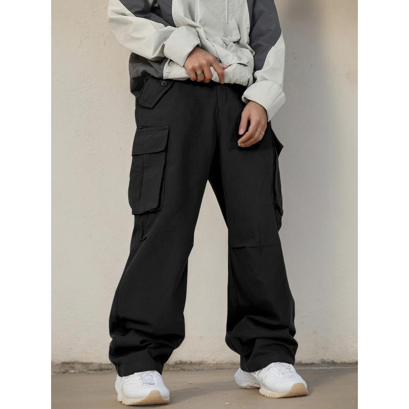 Retro Big Pocket Paratrooper Overalls Men's Fashion Straight New Loose Micro-horn Casual Pants