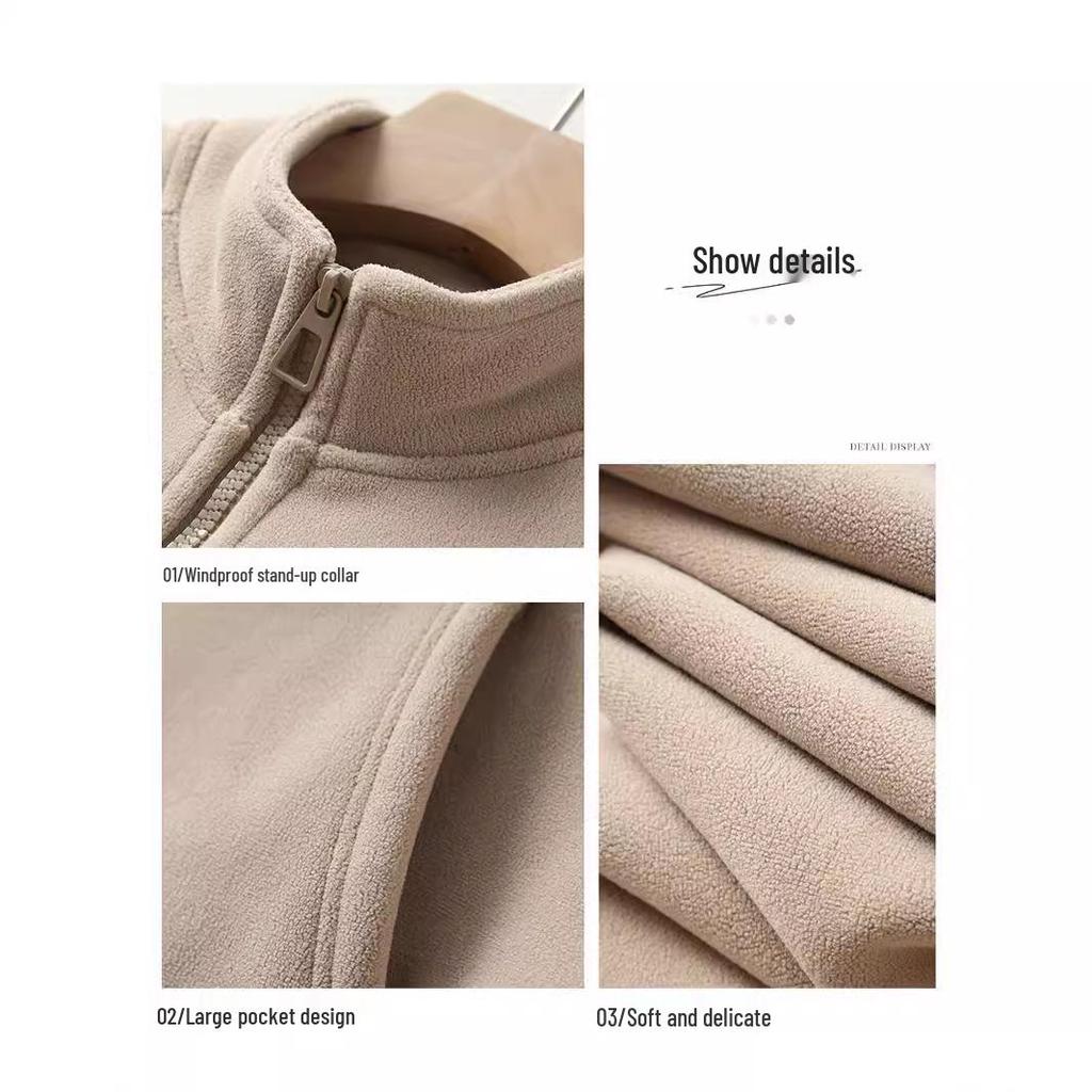Yi Han Meng Women's Fleece Lined Zip-Up Cardigan - Warm, Korean Style Autumn/Winter Casual Sweatshirt with Stand Collar
