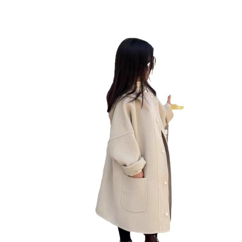 Korean Style Mid-Length Kids' Autumn/Winter Coat – Hooded, Long Sleeve, Cotton-Polyester for Girls.