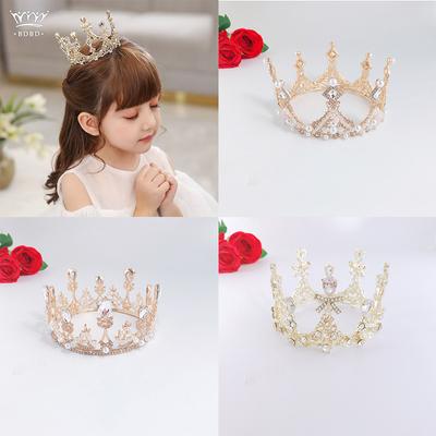 Children's Crown Tiara Princess Birthday Performance Catwalk Student Child Crown Round Golden Performance Girls Hair Accessories