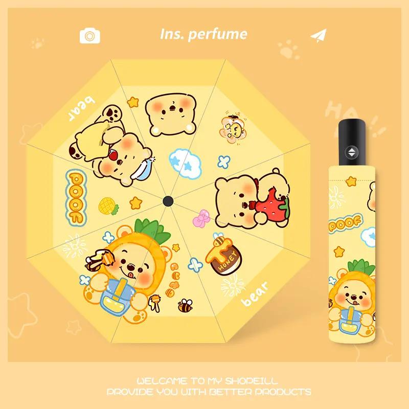 Student Cartoon Butter Bear Umbrella, Dual-Use for Sun and Rain, Cream Bear Sunshade Umbrella, Foldable Automatic Umbrella for Women