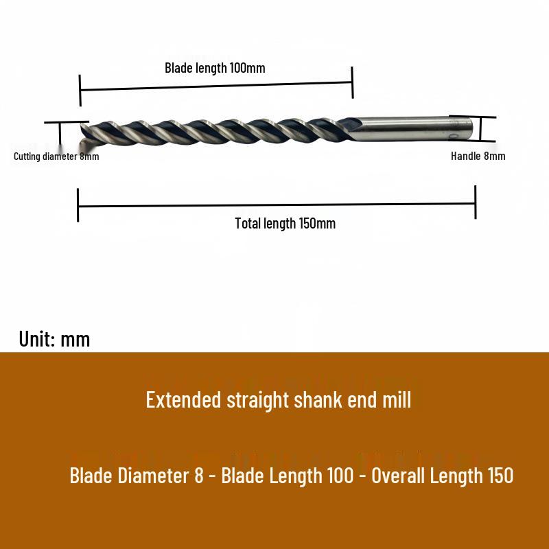 High-Speed Steel Extended Straight Shank Three-Flute End Mill, 2.5-10mm, White Steel