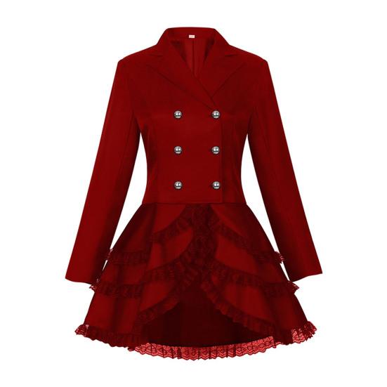 Women Double Breasted Victorian Steampunk Blazer Coat Gothic Tuxedo Tailcoat Jacket with Lace Hem Halloween Wedding Uniform Costume