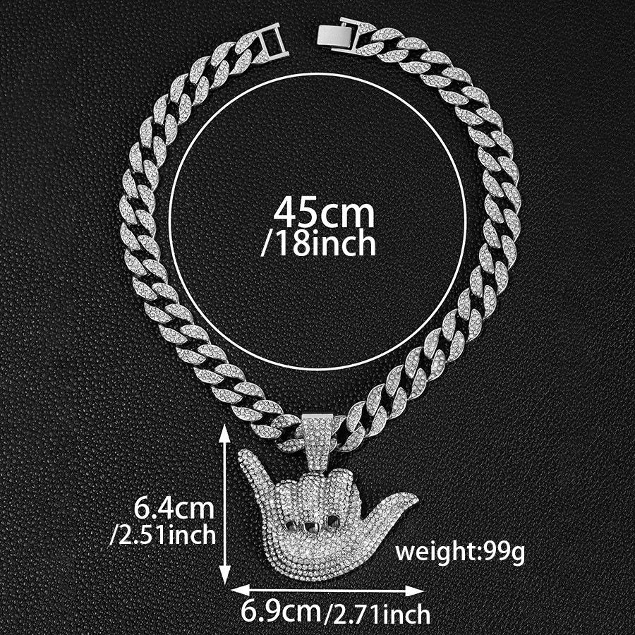 Alloy Full Diamond Lucky Gesture Pendant Personalized Male Hip Hop Cuban Chain Texture Finger Frame Necklace